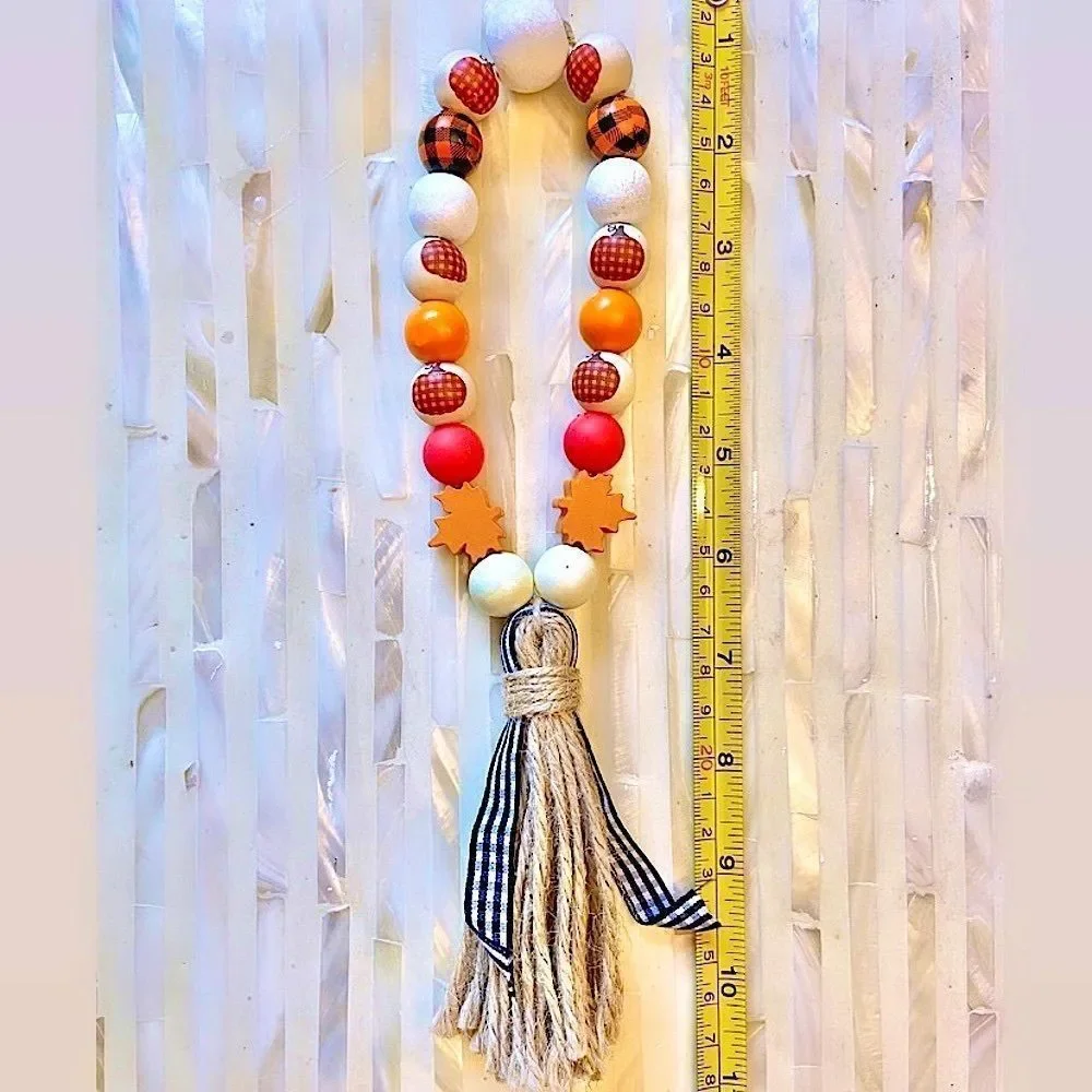 NEW Wood Bead Garland with Plaid Tassels
